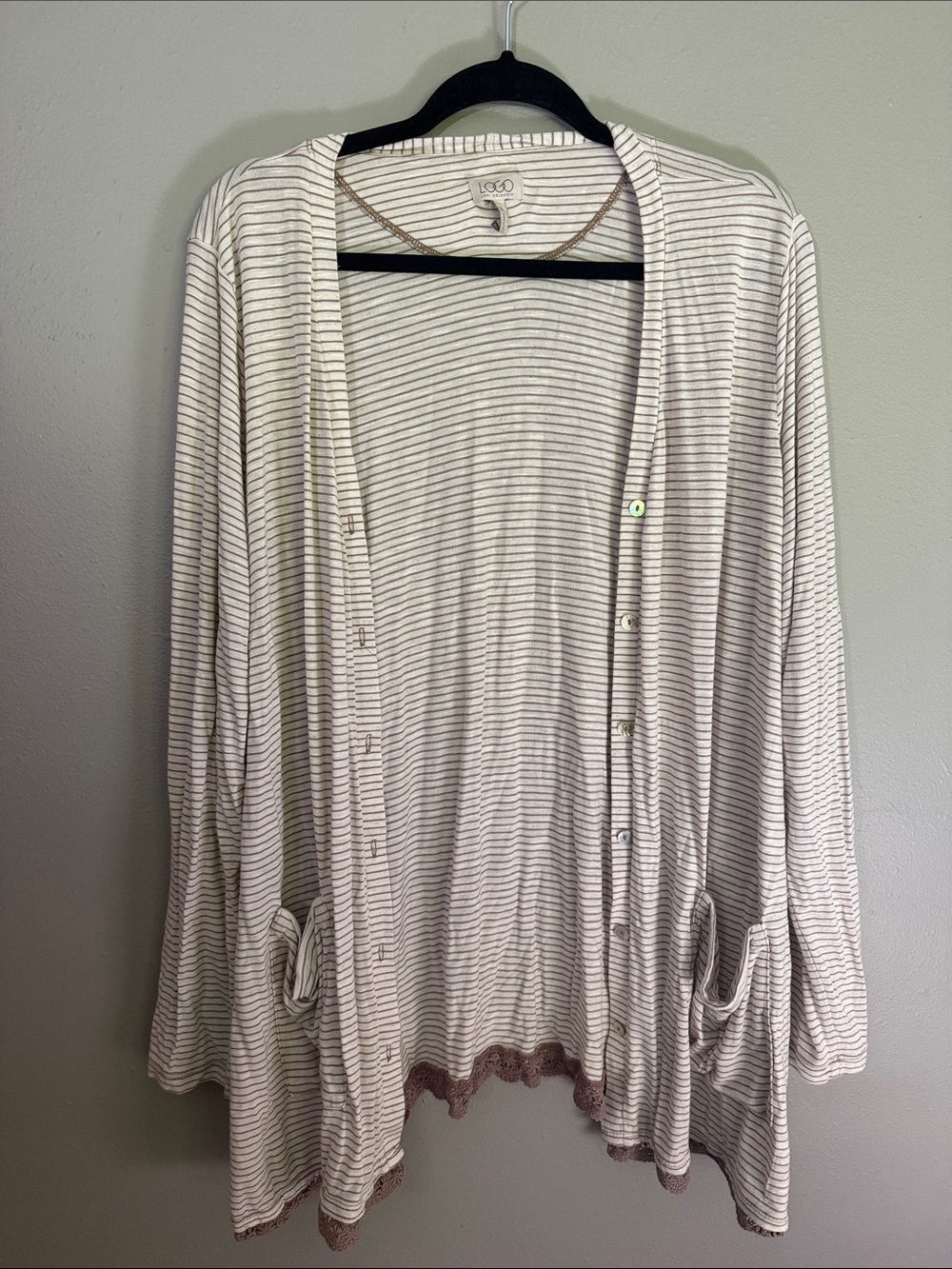 LOGO by Lori Goldstein Cream and Taupe Striped Lightweight cardigan